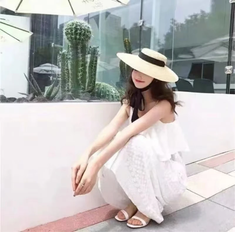 01811-HH7208 chic dropshipping summer natural handmade straw leisure beach LONG ribbon lady fedoras STRAW cap women PAPER hat