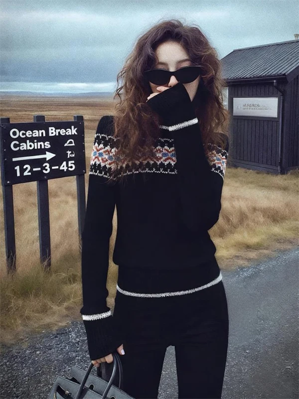 

Early Spring Bla Fair Isle Knit Sweater Women's Unique Design Small ence Not Colion Model Korean Sle Loose Fit