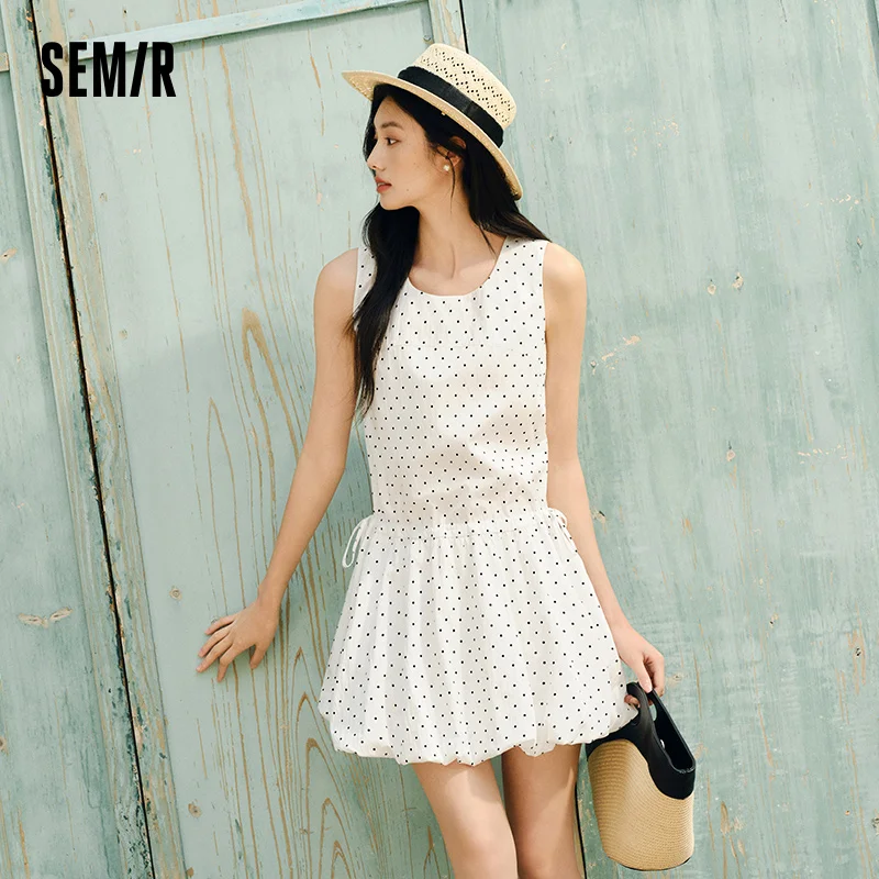 Semir Sleeveless Dress Women Square Neck Drawstring Polka Dot Bubble Skirt 2025 New Summer Cute Playful Style