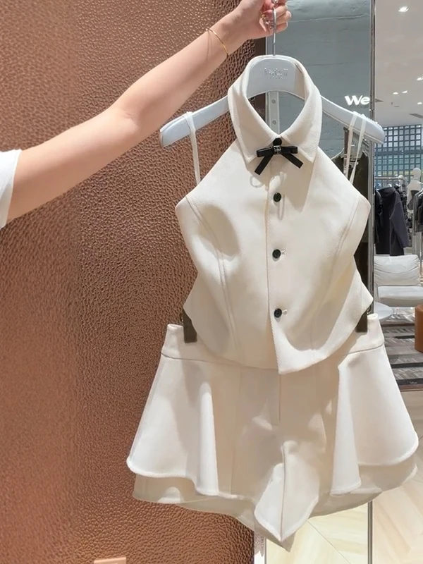 

Rich Girl Style Knot Neck Sleeveless Vest And High Waist Skirt Two Piece Set Women's Fashion Spring Summer Outfit