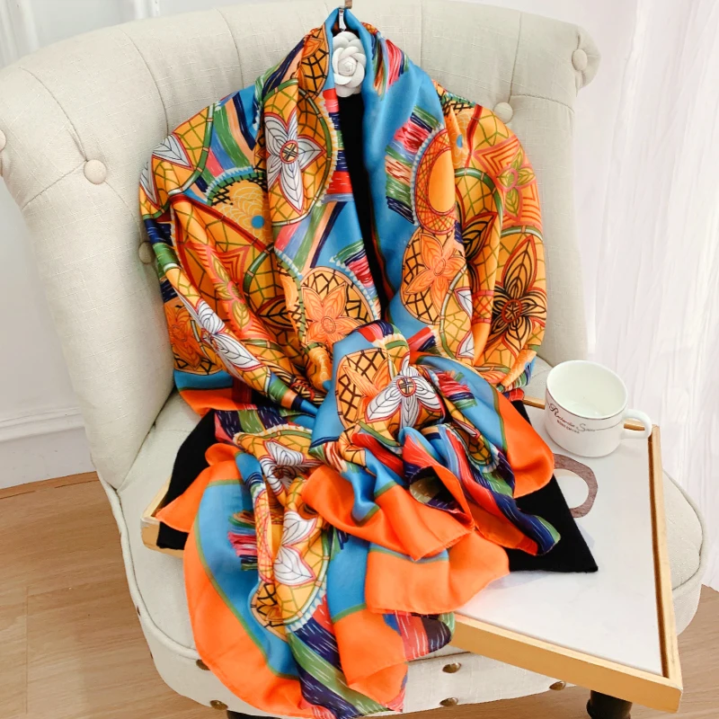 180*90cm Classic Women Silk Female Scarves Ladies Beach Wrap Chiffon Shawl Camellia Printed Sunscreen Bandanna Foulard Muffler