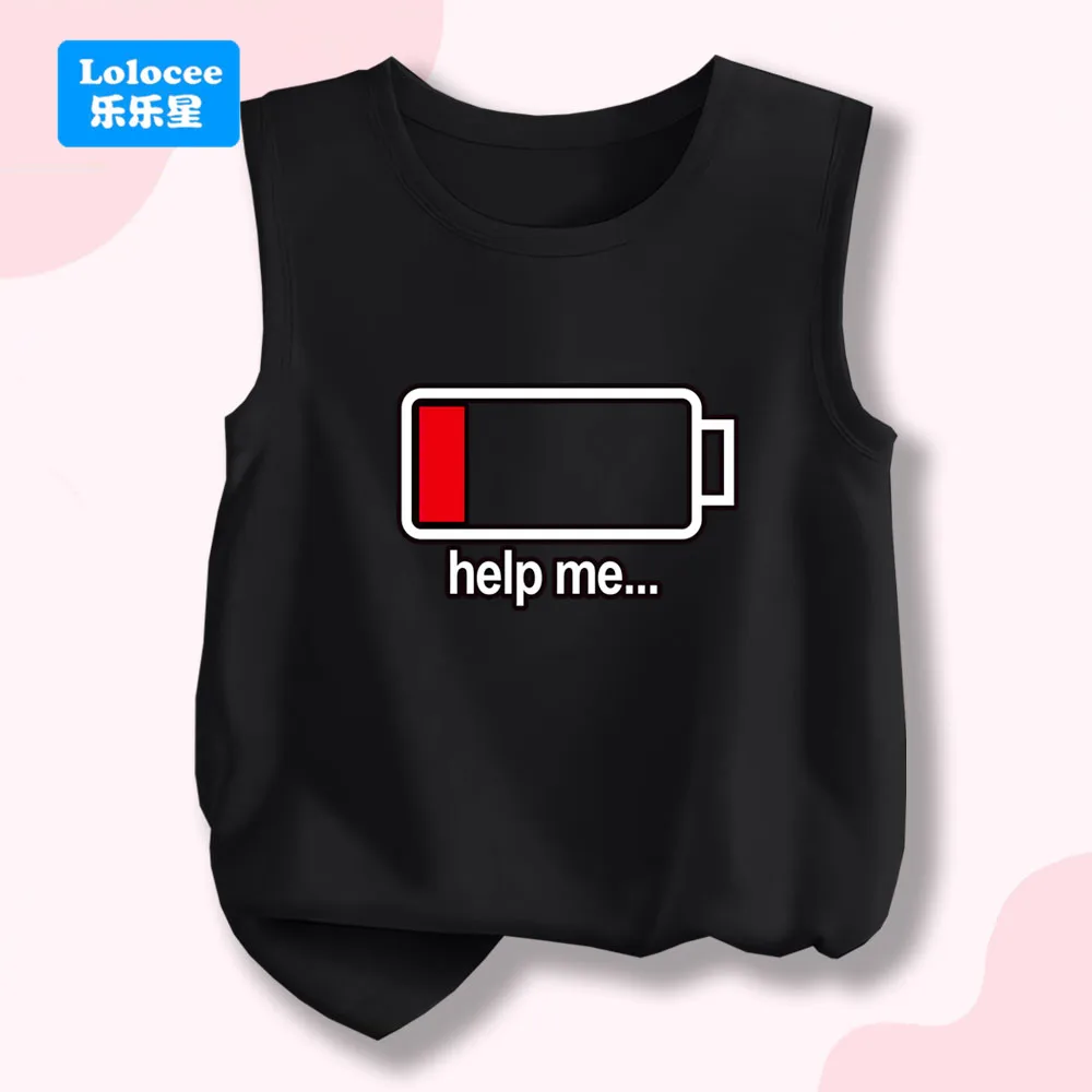Girls Summer Cotton Tank Top Funny Battery Print Sleeveless Breathable Sports Kids Vest