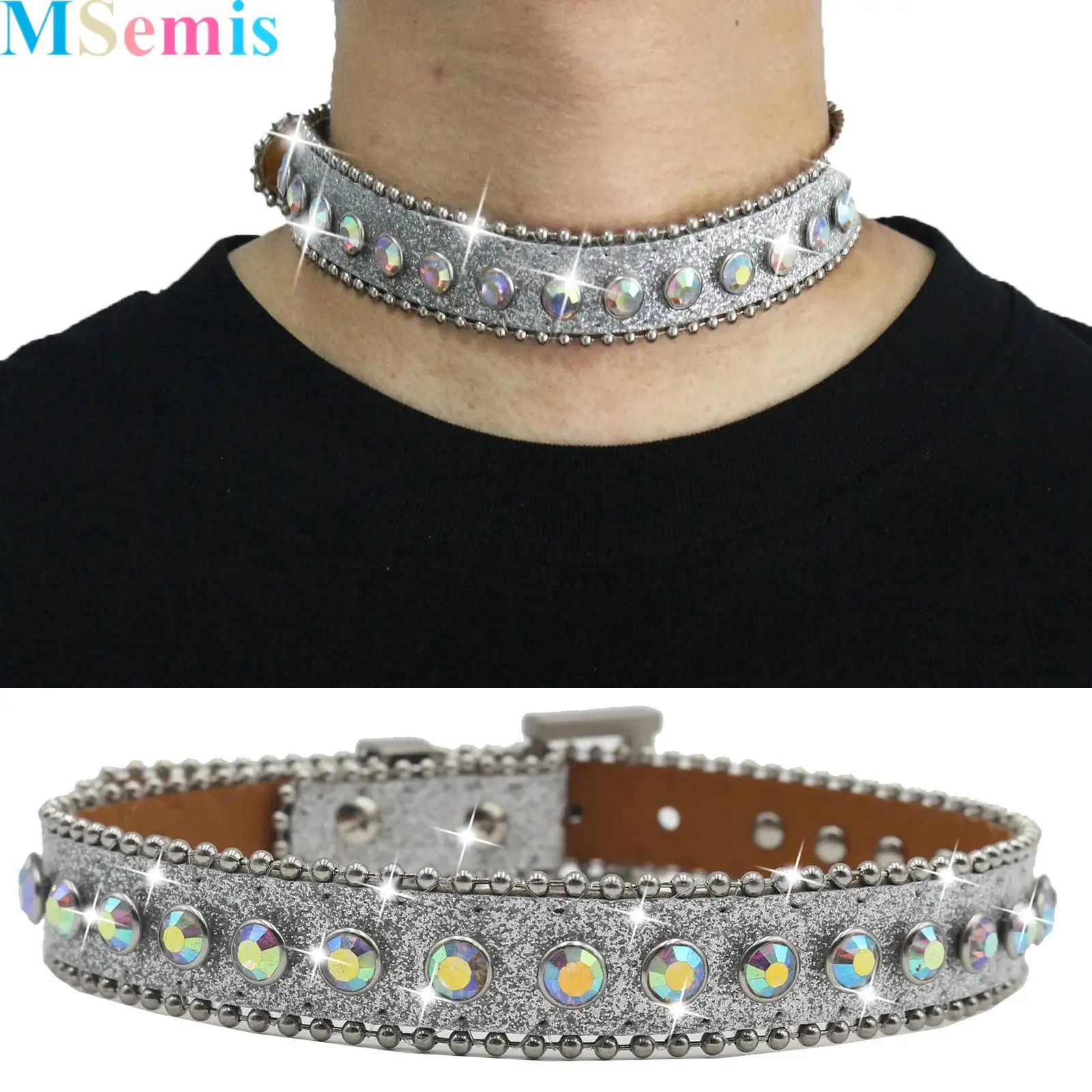 

Women Gothic Adjustable Thick Collar Shiny Rhinestone Choker Necklace Leather Nighclub Rave Party Gothic Necklace