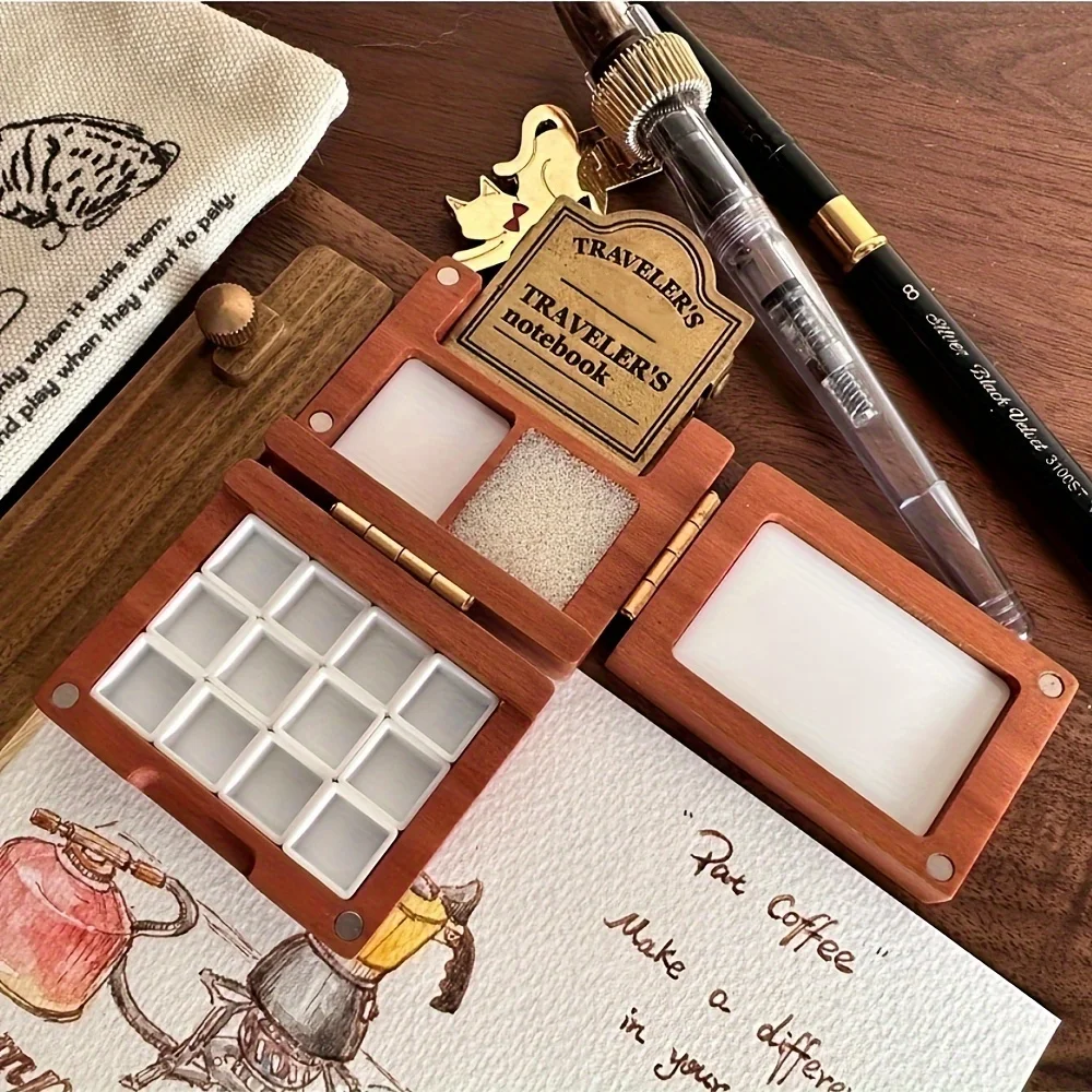 INS Style Wooden Paint Box Collapsible Watercolor Paint Box Outdoor Painting Retro Wood Pigment Box Complimentary Brass Clips