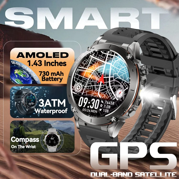 

2025 НОВЫЕ двухдиапазонные GPS-смарт-часы для плавания на открытом воздухе, 10 АТМ, профессиональный водонепроницаемый компас, 730 мАч, умные часы с большой батареей для мужчин
