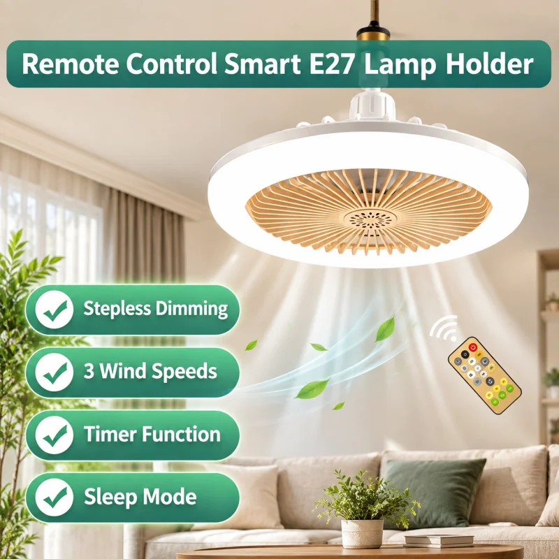 Smart  E27 Ceiling Fan Light with Remote Control , Dimmable LED Ceiling Lamp, 3-Speed Quiet Fan, Timer & Air Circulation