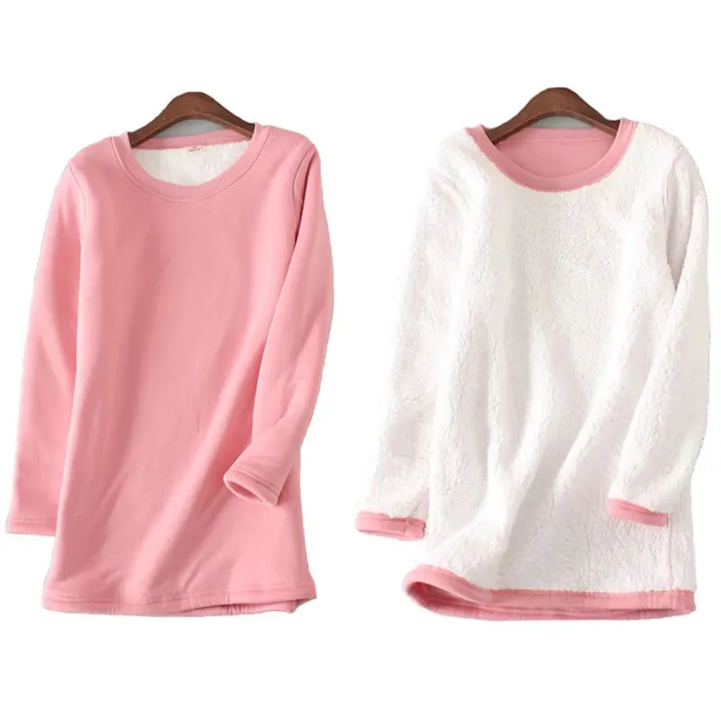 Winter Women Long Sleeve Thick Plus Velvet T-Shirt Warm Cotton Fleece Thermal Tops Casual Soft O-Neck Undershirt S-5XL