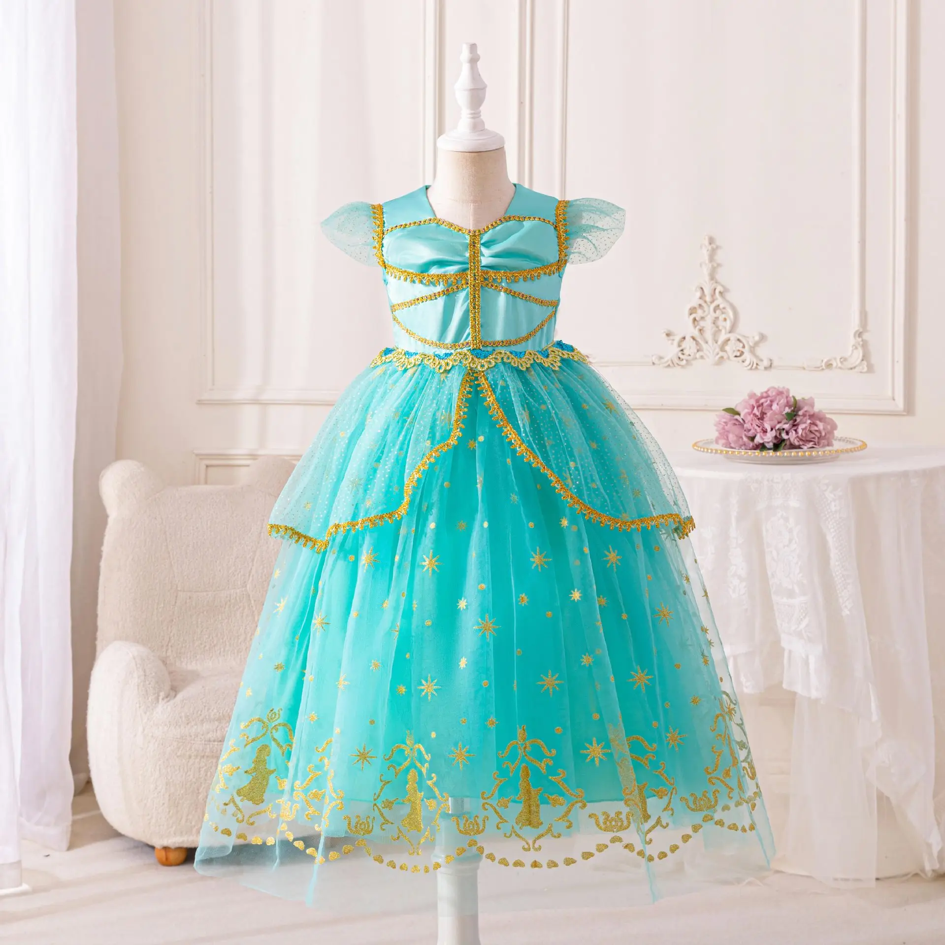 Vestido de princesa congelado para meninas, Jasmin Party Dresses, Cosplay Clothes, Kids Evening Prom Gown, Children Green Wear, Moda