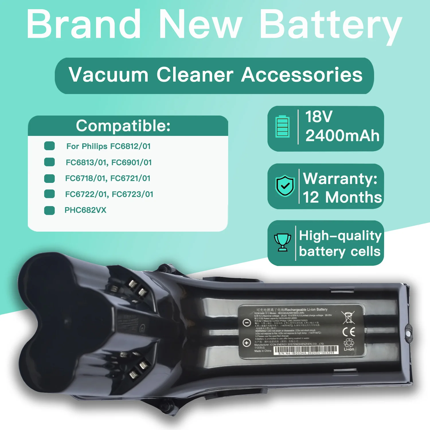 

18V Replacement Battery For Philips Cordless Vacuum FC6812/01 FC6813/01 FC6901/01 FC6718/01 FC6721/01 FC6722/01 FC6723/01