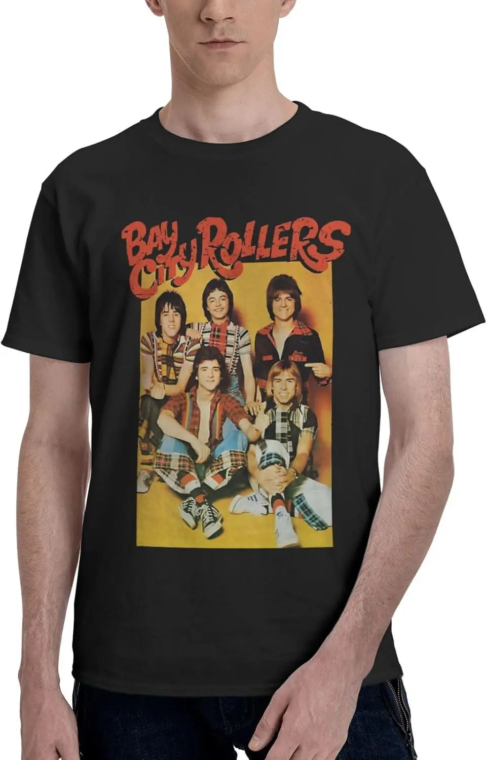 Bay City Music Rollers T-Shirts Short Sleeve Shirt Graphic Tees Cotton Tops Mens Casual T Shirts Black