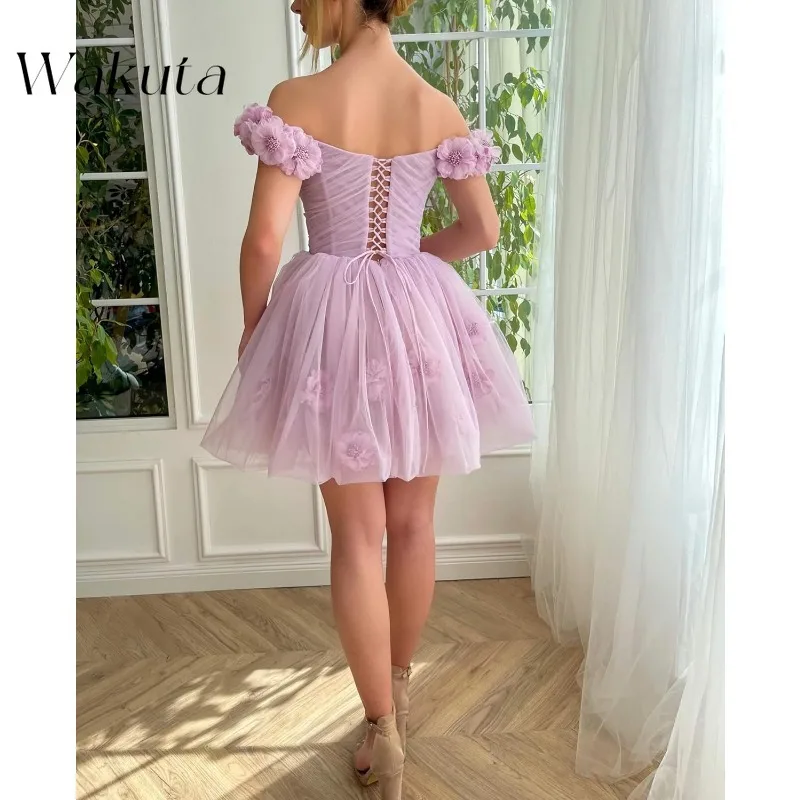 Wakuta gaun Homecoming Tulle bunga 3D gaun pendek dari bahu gaun peri pesta koktail Vestido Elegante Mujer ال️ RC