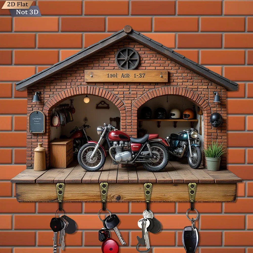 2D Flat, 1pc,  Motorcycle Garage Key Hook, Wooden Multifunctional Home Key Hook, with four metal hooks, wall decor, porch