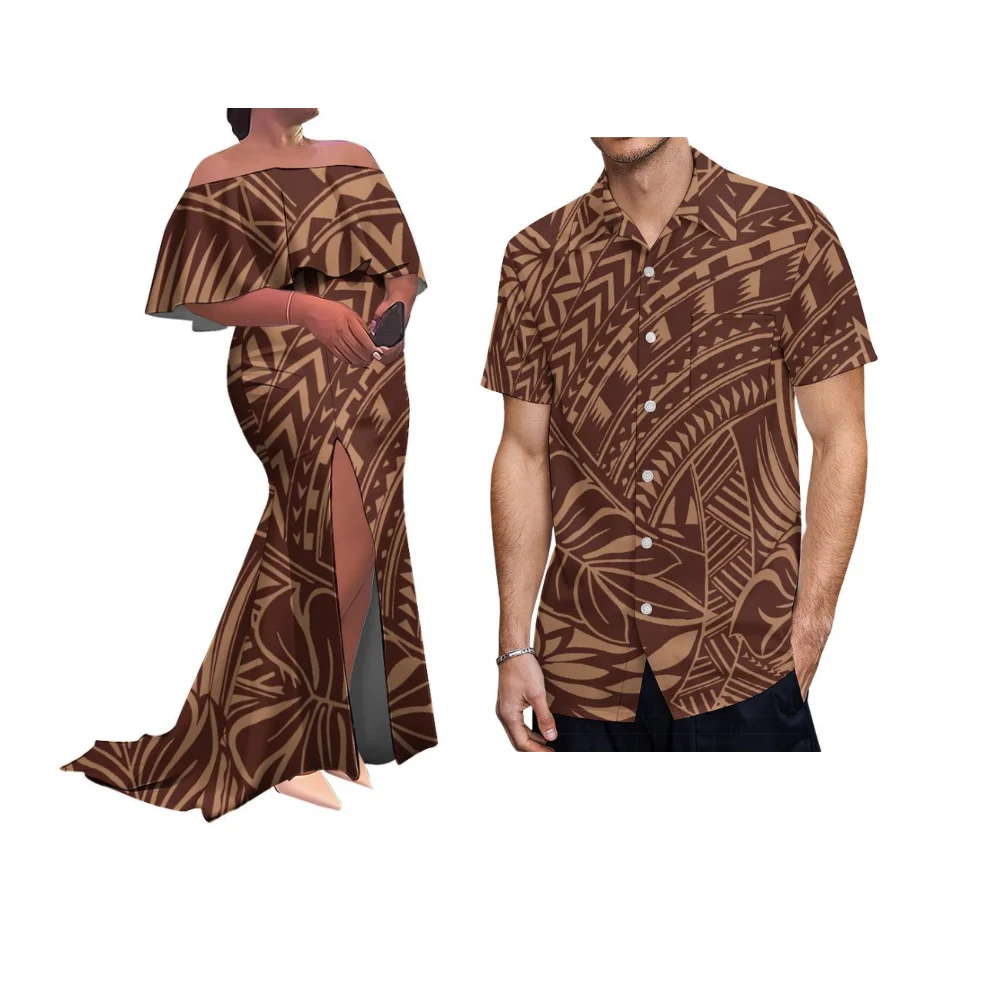 Tribal Ethnic Print Couple'S Outfit Polynesian Custom Off-The-Shoulder Slit Long Dress With Fitted Skirt Men'S Casual Shirt