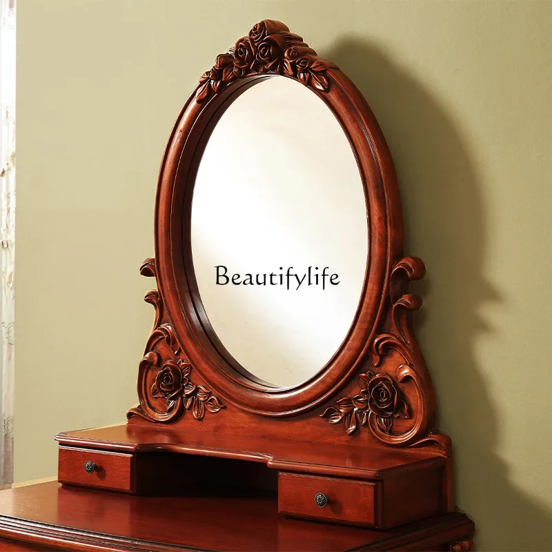 

09 American-style Solid Wood Dressing Table European-style Vintage Carved Dressing Table with Mirror