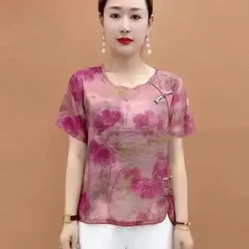 Women's Chinese Style Floral Print Blouse Short Sleeve Oblique Button Casual Top for Middle-Aged