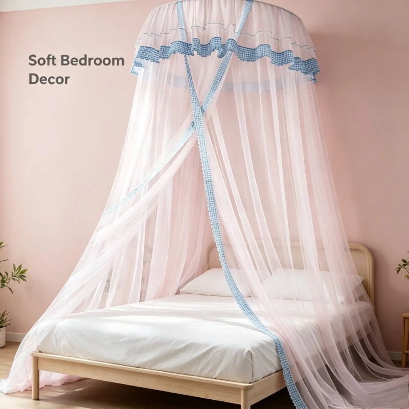 Pink Round Top Bed Canopy Ceiling Hanging Princess Style Mosquito Net for Bedroom Decor