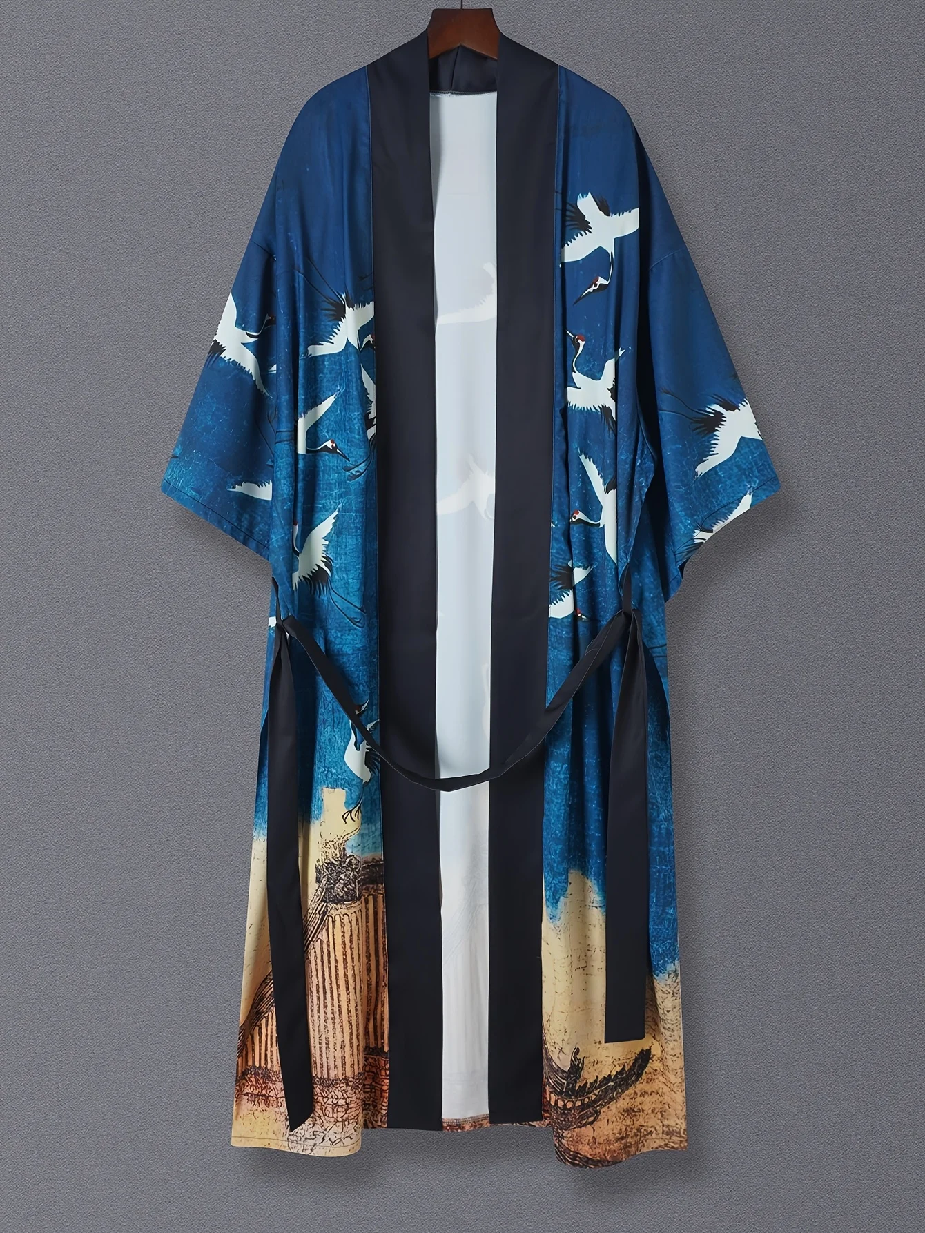 

Японское ретро-этническое стильное кимоно средней длины с принтом журавля, кардиган хаори с поясом, тонкое пальто для мужчин и женщин, пар