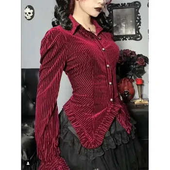 Neue frauen Retro Rüschen Shirts Renaissance Viktorianischen Steampunk Hemd Einfarbig Revers Gothic Falten Damen Blusen Tops