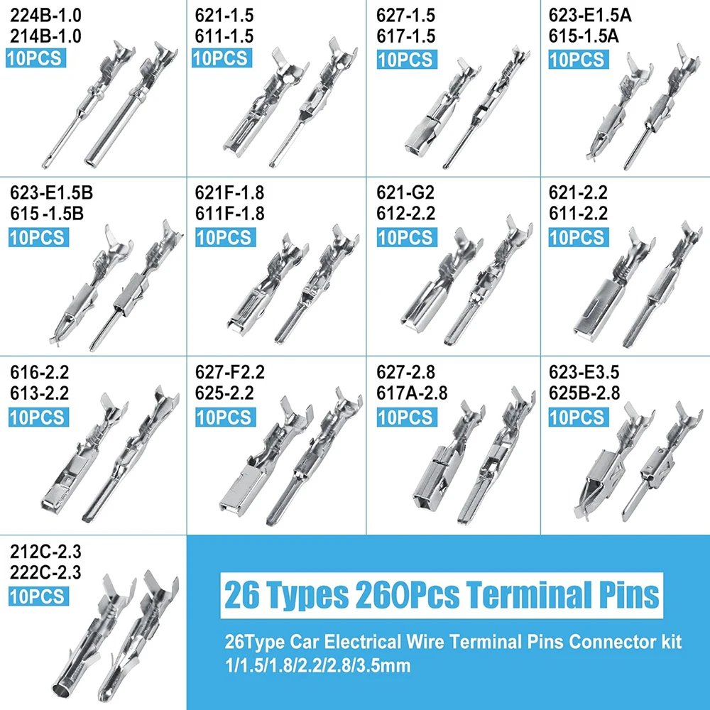 260Pcs Connector Pins Terminal Car Electrical 1/1.5/1.8/2.2/2.8/3.5mm Wire Removal Non-Insulated Plug Male & Female Crimp Pin