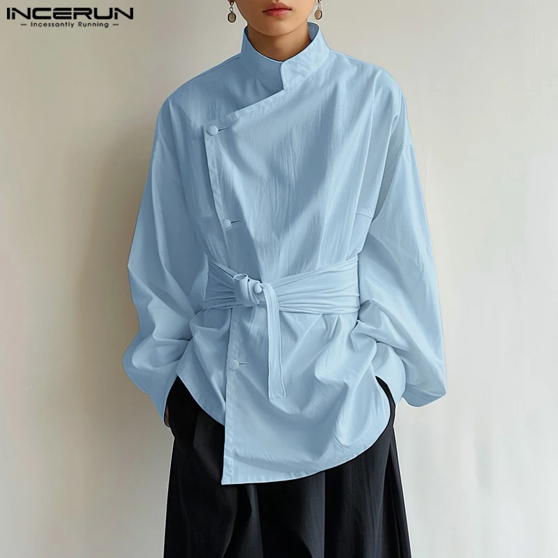 INCERUN Men Irregular Shirt Solid Stand Collar Long Sleeve Lace Up Streetwear Men Clothing 2024 Korean Fashion Casual Shirts