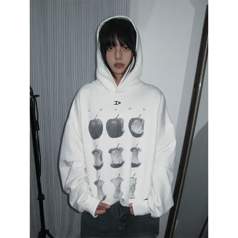 Apple Print Vintage Weiß Oversize Sudadera Mujer High Street Hiphop Paare Mit Kapuze Y2k Frauen Sweatshirts Amerikanischen Hoodies