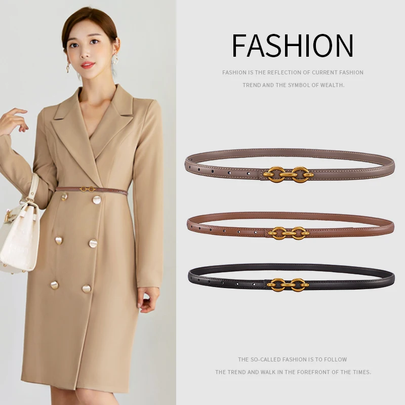 

Genuine Leather Waist Belt for Women, Thin Strap, Black & Beige Fashion Girdle