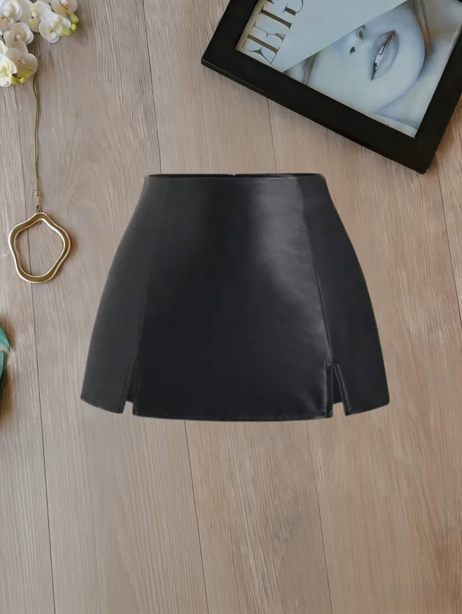 Women High Waist Double Side Split Faux Leather A Line Mini Skirt 2026 Summer Gothic Streetwear Solid Black Slim Fit Club Party