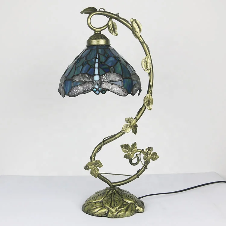 Imagem -04 - Longhuijing Cabeceira Vitral Table Lamp Tiffany Desk Lamp Estilo Libélula Azul Folha de Metal Base Fina 21 8