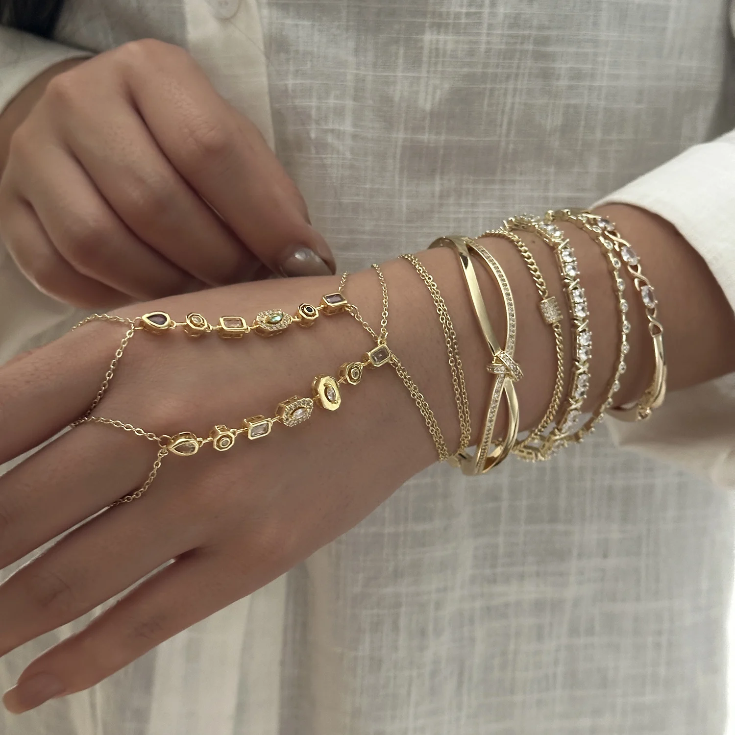 Gold Plated Colorful Crystal Zircon Hand Finger Ring Bracelet For Women Tennis Chain Twisted Knot Cuff Bangle Party Jewelry Gift