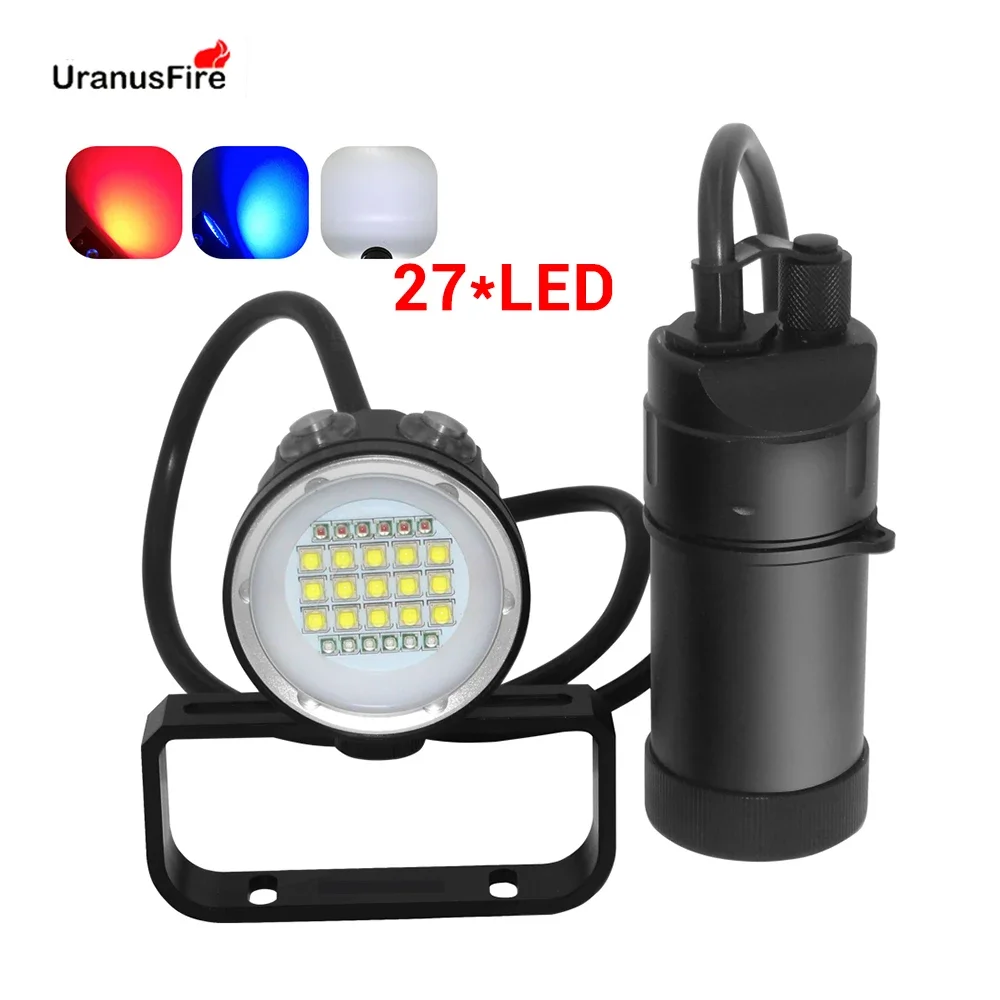 27 LED Canister Diving Video Light Waterproof 100m Underwater XM L2 Scuba Dive Torch Rechargeable 18650 Led Split Flashlight