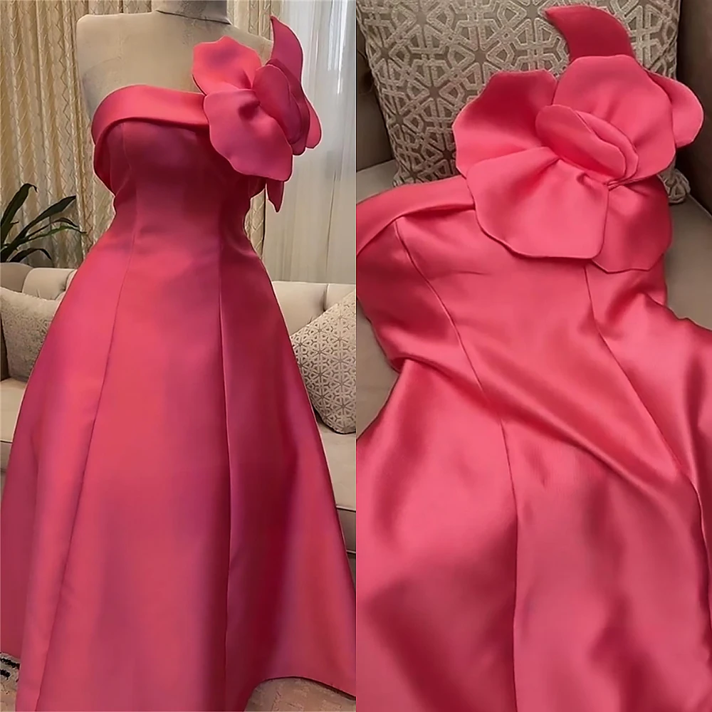 Strapless Sleeveless Prom Dresses Fashion Empire A-line Party Dress Floor Length Flower Satin Formal Evening Gowns Women Wedding