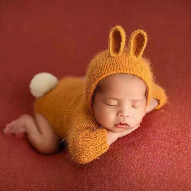 

Mohair Newborn Photography Props Clothing Romper+Knit Hat Baby Photo Props Outfit Newborn Photo Accessories Shoot Rabbit Clothes