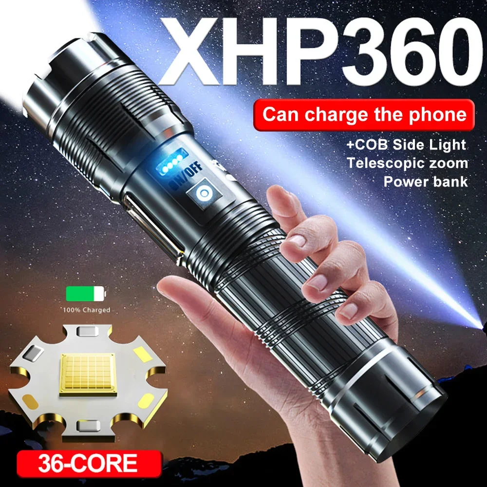 36Cores High Power LED Flashlights Zoom Super Bright Outdoor Tactical Flashlights Emergency Power Bank With 5000mah battery