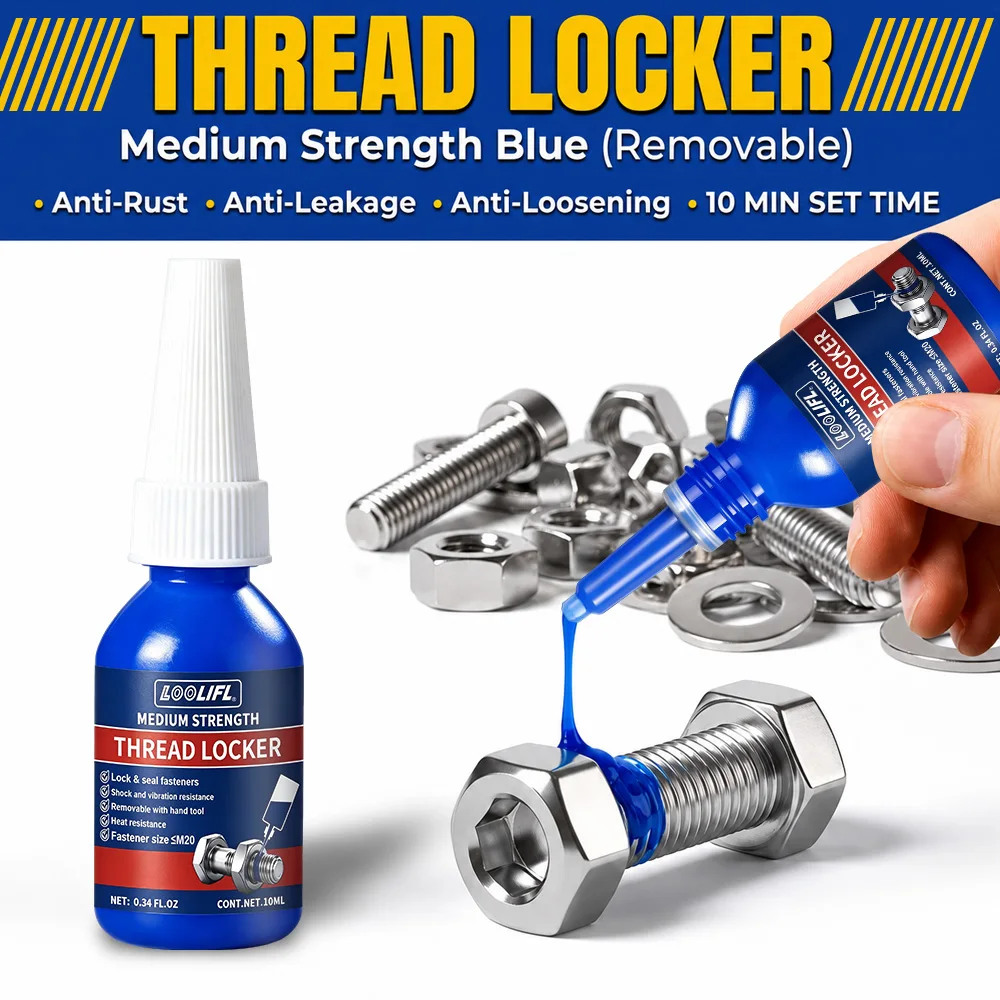 Loolifl 243 Blue Threadlocker Medium Strength Removable Anaerobic Adhesive Screw Anti-Loosening Adhesive Bolt Nut Fastener Locking Adhesive Anti-Vibration Anti-Corrosion Anti-Rust Metal Glue 10ml