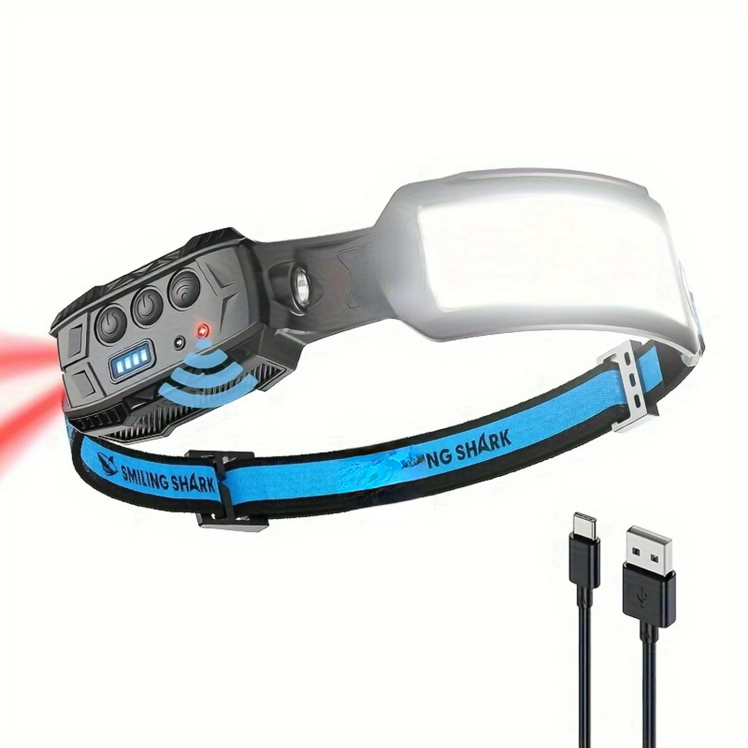 

Smiling Shark Rechargeable Headlamp with 7*Bright White Lights, 270° Motion Sensor, 6 Versatile Modes, and Red Tail Light - Ide