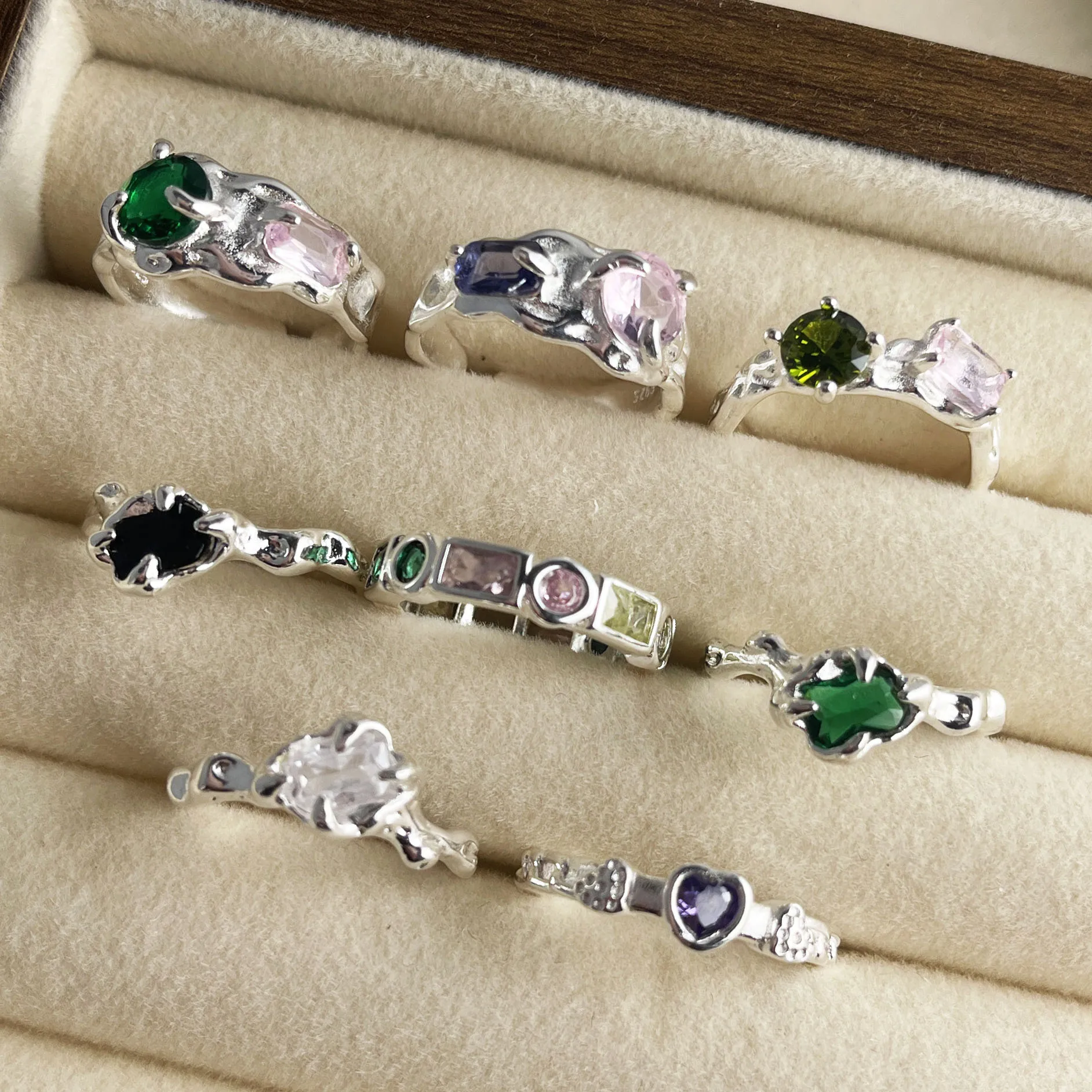 925 Sterling Silver Rings for Women Men Couple Minimalist Handmade Simple Green Zircon Ring Party Jewelry Gift Prevent Allergy