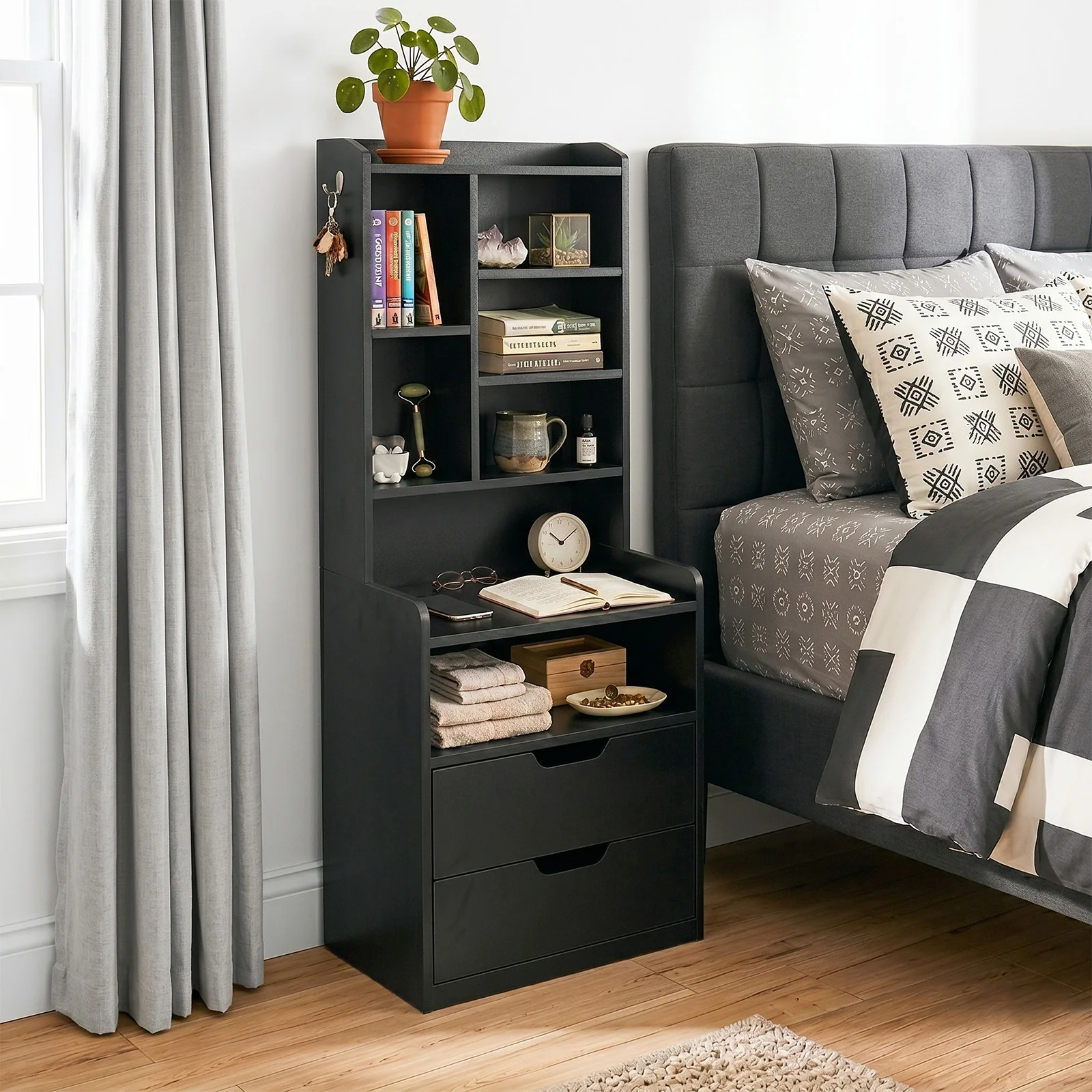 Niche Cabinet Tall Storage Locker,Multi‑Compartment Open Shelves Dressing Table with 2 Drawers,Hook Design Wooden Display Rack,Modern Room Decor for Bedroom Living Room Home Furniture