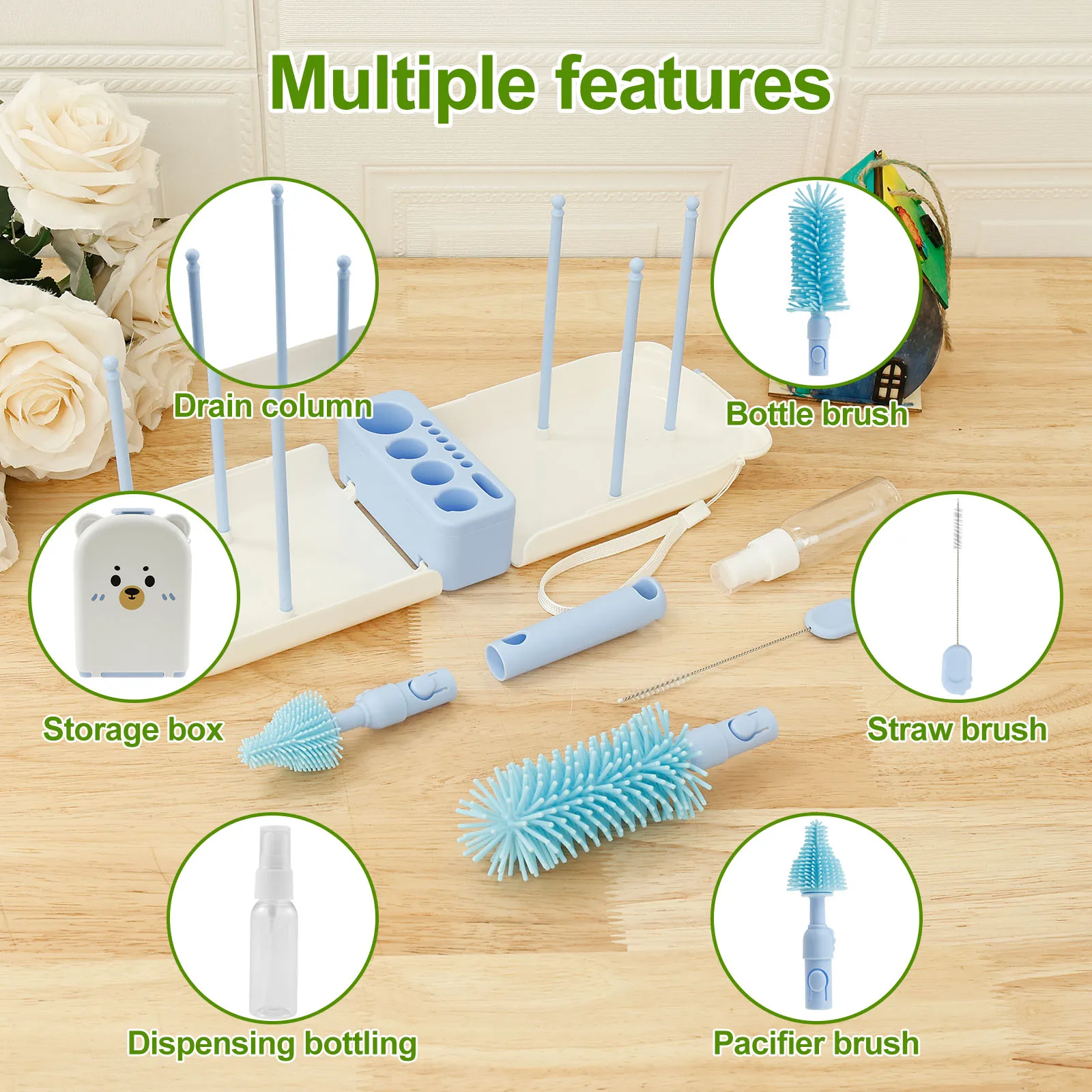 Travel Bottle Cleaner Kit Compact Portable Baby Bottle Brush Cup Drying Rack with 6 Draining Support Pole Multipurpose for Home