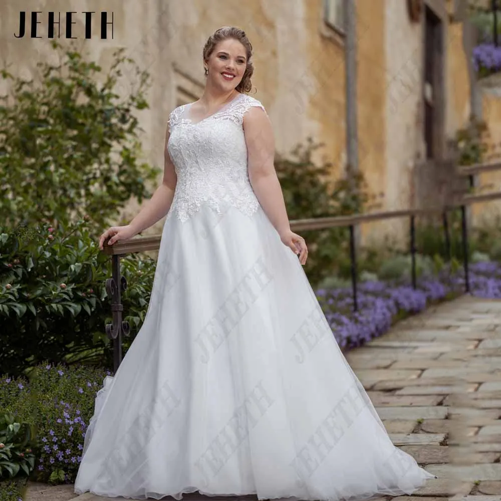 Jeheth Classic cap manches robe de mariée plus taille scooGuitar Hcondamned-Robes de mariée à mancherons classiques, grande taille, scoop, à lacets, quelle que soit la dentelle appliquée, ligne A, tulle, robe éducative