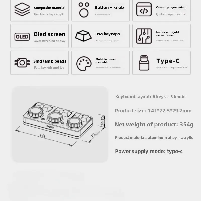 DOIO KB3X-03 Programmeerbare toetsenbordwerkbank 6 toetsen 3 knoppen PS/PR Snelkoppeling Bediening Combinatiesleutel RGB Aangepast kantoortoetsenbord
