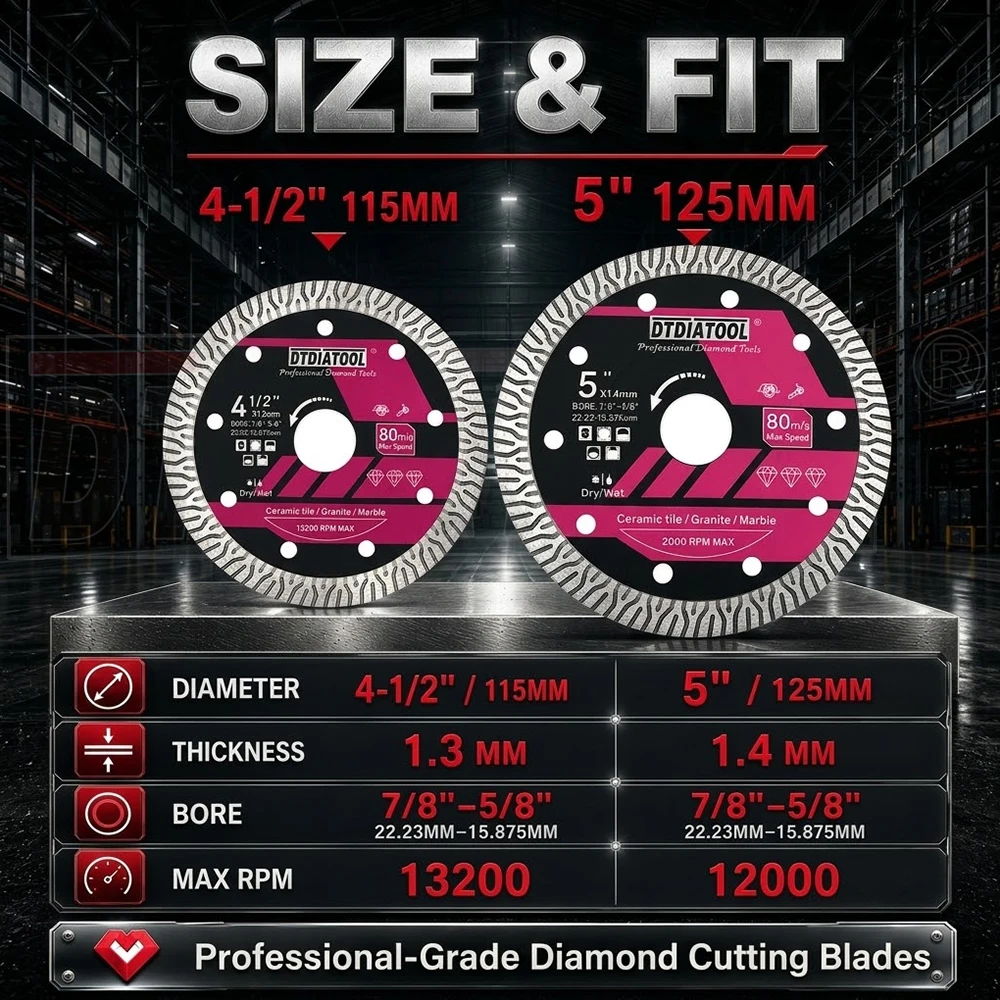 DT-DIATOOL Diamant-Trennscheibe 115/125mm für Fliesen, Marmor, Granit, nicht für superharten Granitstein, Sägeblatt – Detail 3