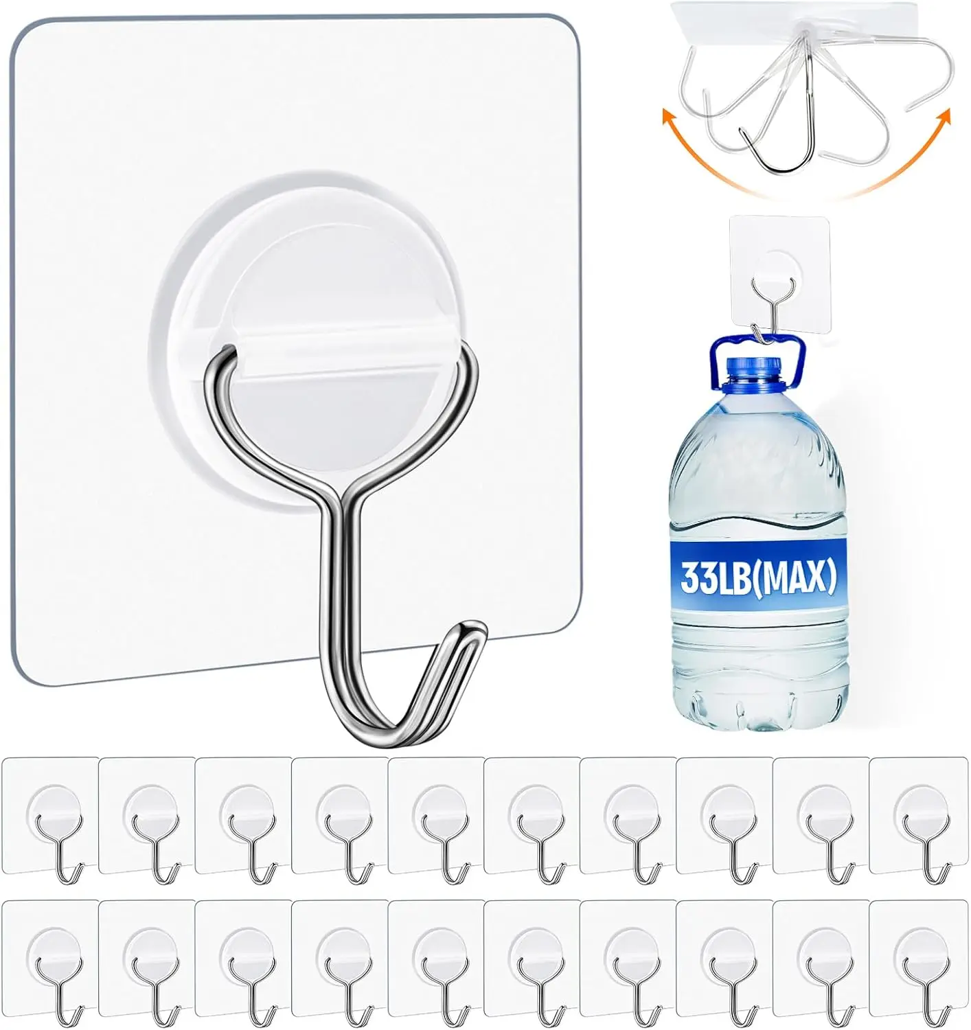 

33lb Heavy Duty Transparent Adhesive Hooks, Waterproof & Rustproof for Bathroom, Kitchen, Outdoor, 24 Pack