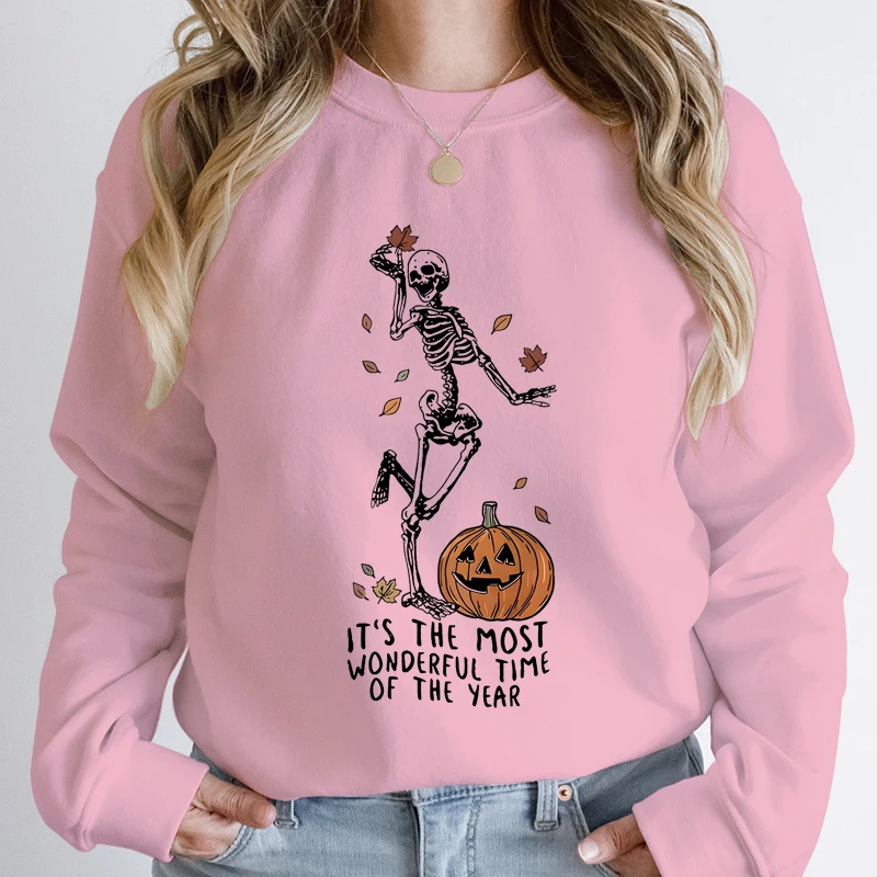 Halloweenowe bluzy z nadrukiem szkieletu i dyni Casualowa bluza z długim rękawem i okrągłym dekoltem Odzież damska