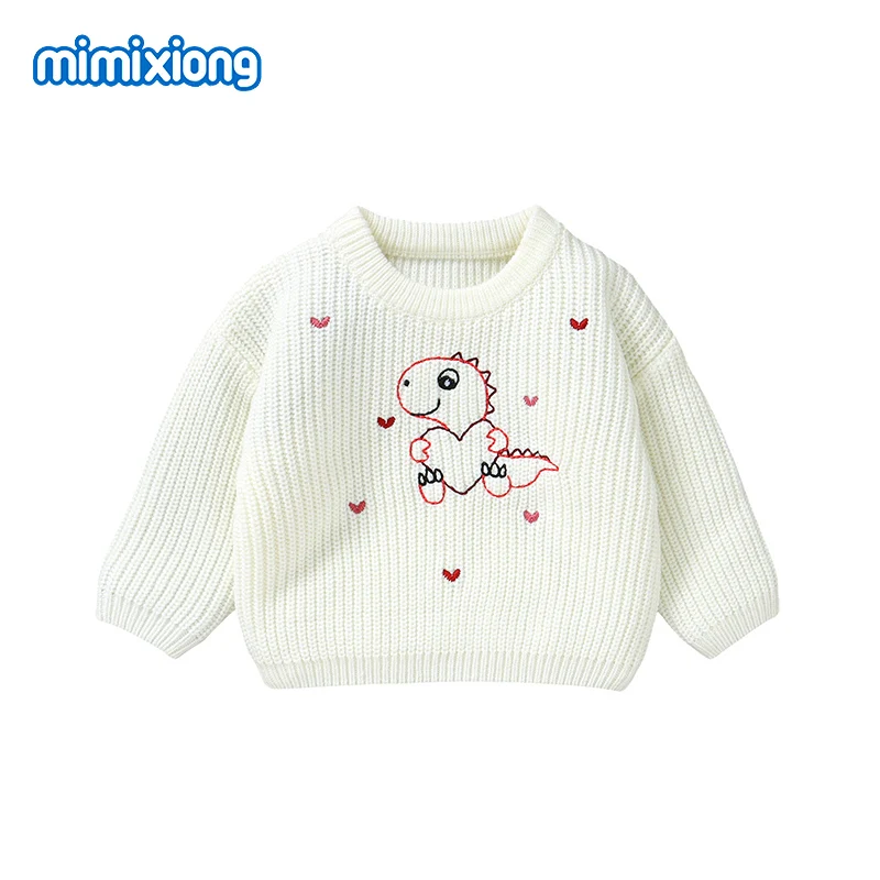 Spring Autumn Baby Knitted Sweaters White Casual Round Neck Long Sleeve Newborn Infant Boys Girls Dinosaur Pullovers Toddler Top