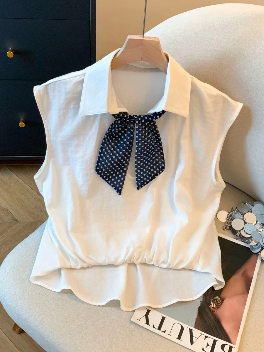 

Summer New Style Polka Dot Silk Scarf Sleeveless Shirt Women's Slimming Turn-down Collar Top French Style Regular Thickness