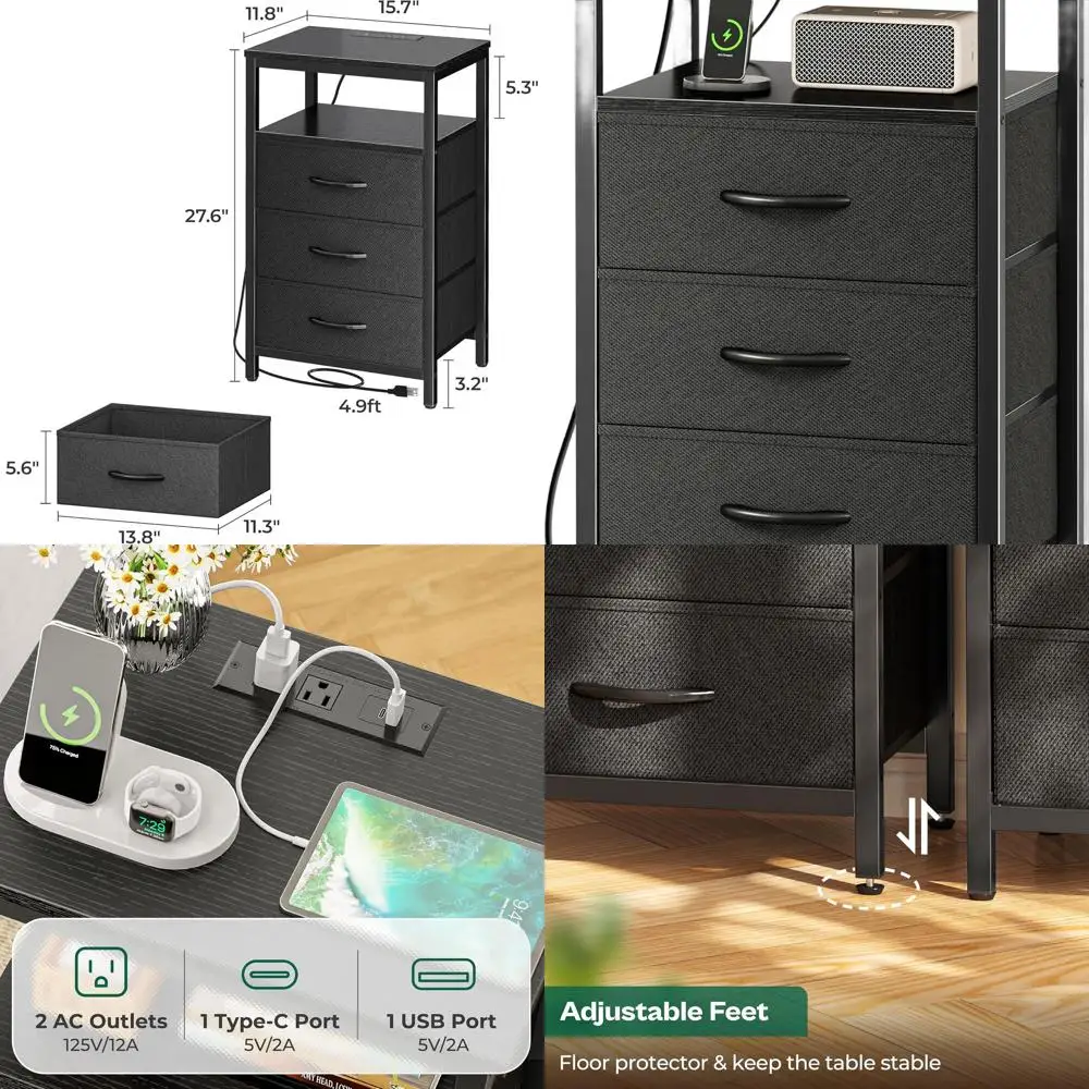 

Тумбочка с тканевым ящиком 27,6 с USB-зарядкой и розеткой, черная прикроватная тумбочка