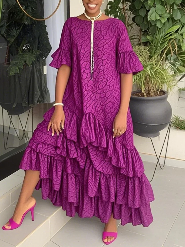 

Yeezzi 2025 New Elegant Ruffle Trim Layered Party Evening Maxi Dresses Women Printed Flared Sleeve Pleated Wedding Banquet Dress