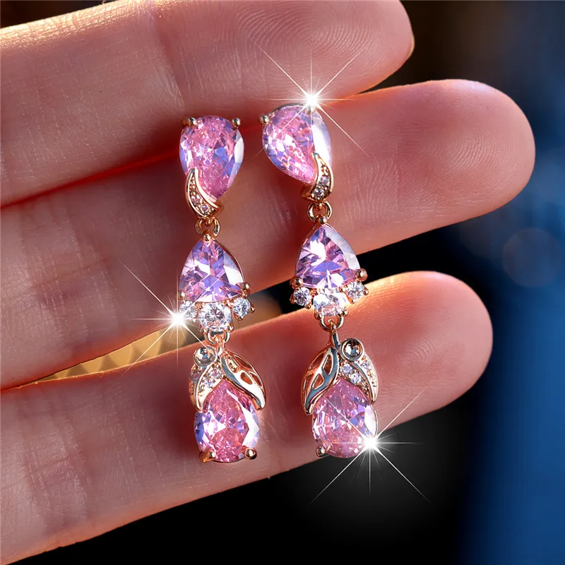 Luxury Female Pink Zircon Stone Clip Earrings Charm Gold Color Wedding Jewelry For Women