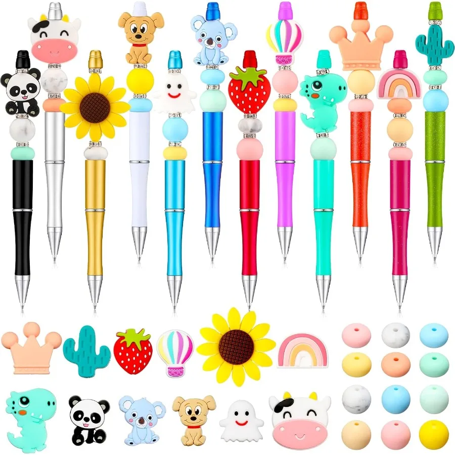 

12 Set Animal Beadable Pens Bulk Plastic Ballpoint DIY Crafting Pens Making Kit with Silicone Beads for Christmas Birthday Part