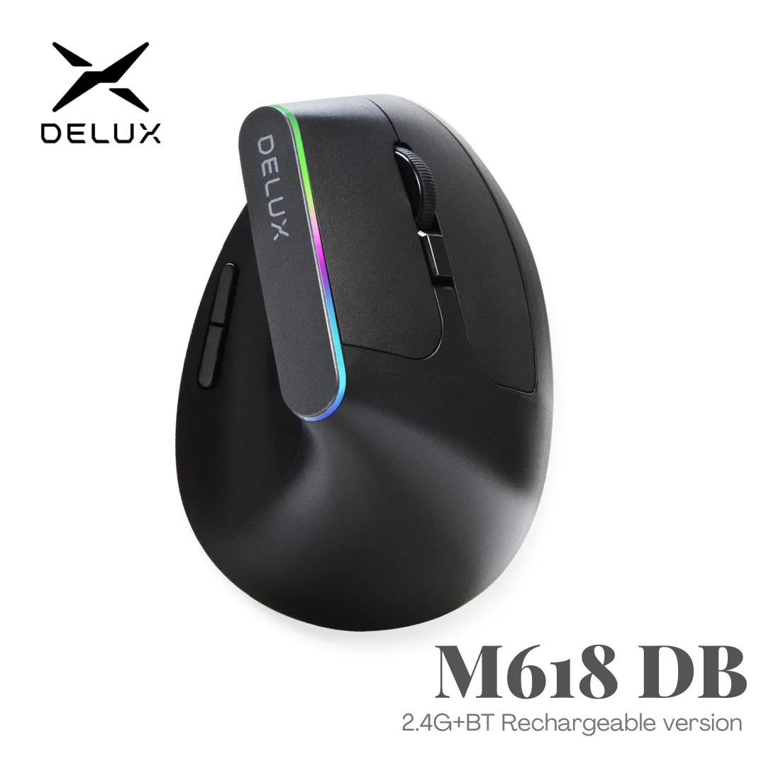 Эргономичная вертикальная мышь Delux, перезаряжаемая беспроводная мышь RGB, Bluetooth 2,4G, 4000 точек на дюйм, игровые бесшумные мыши для
